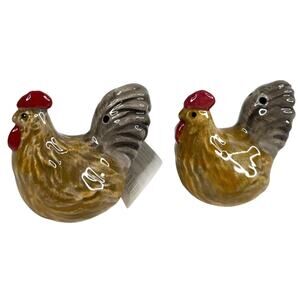 NEW Rooster Chicken SALT & PEPPER SHAKERS 2" Ceramic Brown Gray Farm Animal Bird